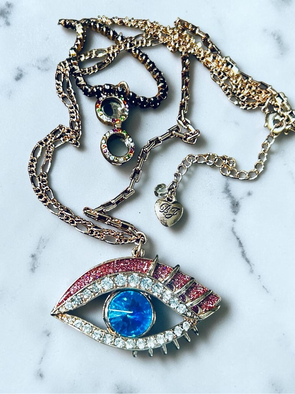 Betsey Johnson 2 Strand Blue Eye Pendant Necklace with Pink and Clear Crystals